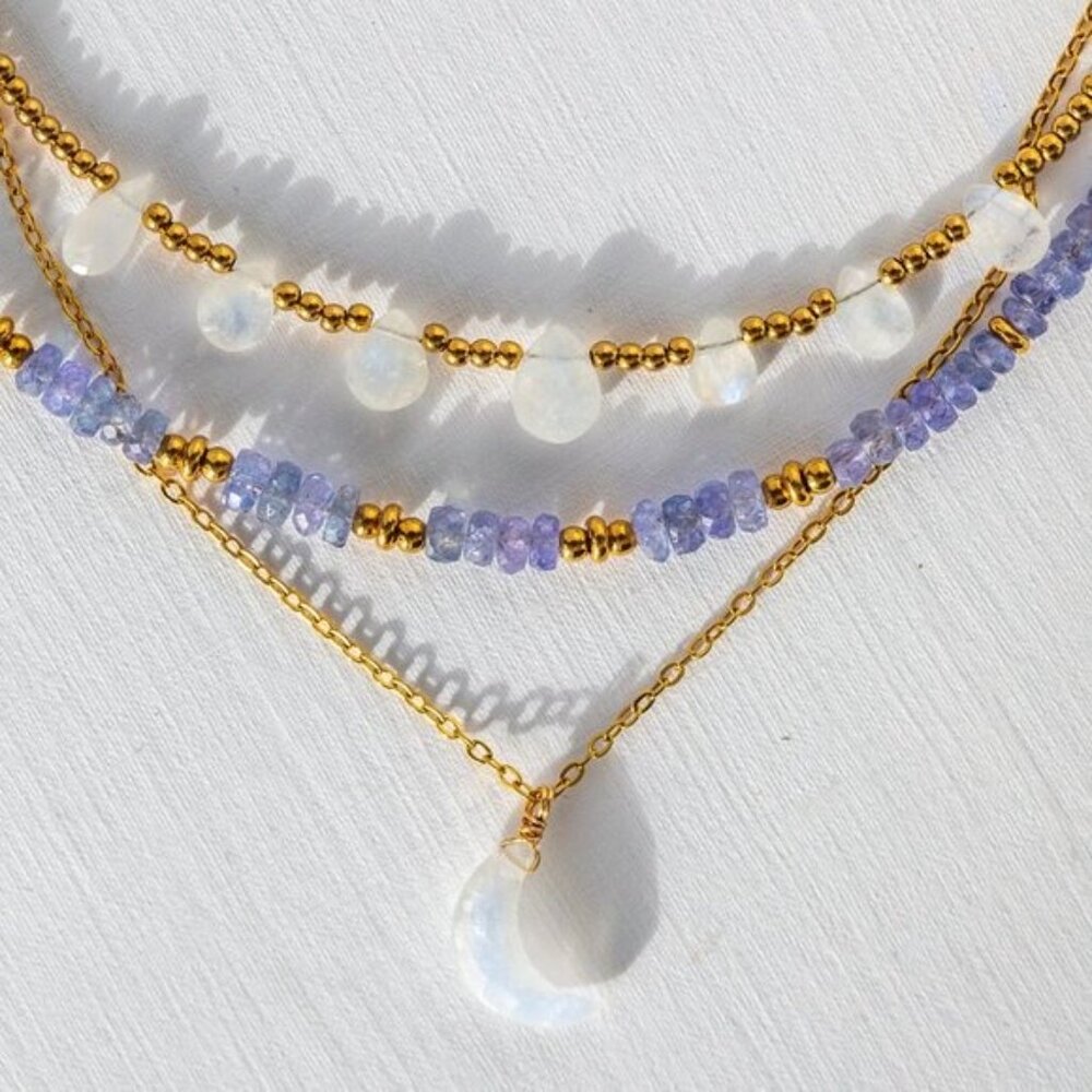 Tanzanite Beaded Necklace Purple Blue Gemstone Gold Waterproof Necklace - Picture 6 of 12